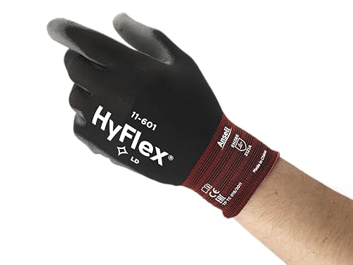Hyflex Ansell 11-601 Dünne Arbeitshandschuhe, Nylon-Strickhandschuhe mit PU Beschichtung, Leichte Schutzhandschuhe, Präzises Arbeiten und Heimwerken, Mechanikschutz, Schwarz, Größe S (12 Paar) von Hyflex