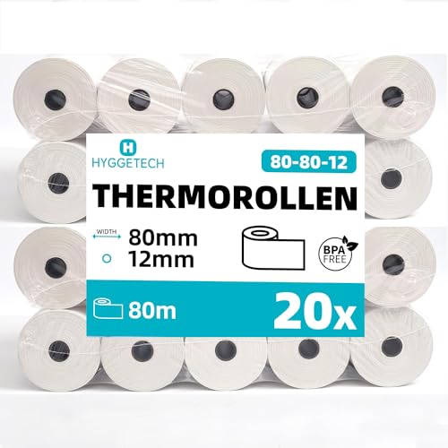 Hyggetech Thermorollen 80 mm x 80 m x 12 mm Kassenrollen 80mm Thermo Ec-Cash Kassenrollen Terminal rollt alle Arten von POS und elektronischem Zahlungsverkehr (20 Rollen, 80 x 80 m) von Hyggetech