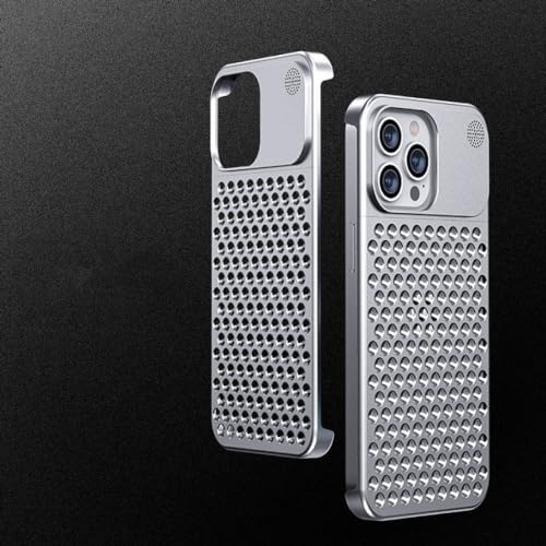 HyqHyx Metall-Wärmeableitungs-Telefonhülle für iPhone 13 12 14 15 Pro Max Plus, kühlende randlose Hohle Aluminiumabdeckung, Silber, für iPhone 12 von HyqHyx