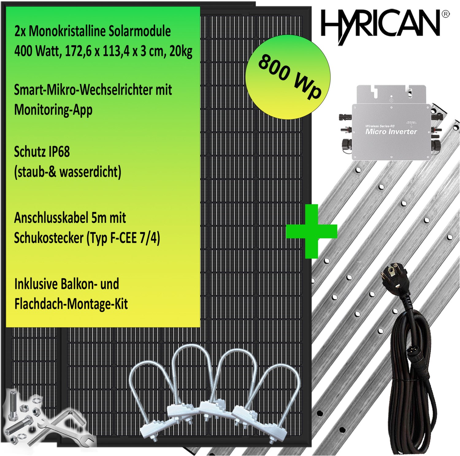 Balkonkraftwerk 800Wp inkl. Montage-Kit schwarz/silber von Hyrican