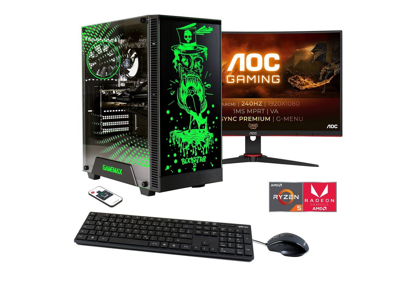 Hyrican Rockstar SET02369 Gaming-PC-Komplettsystem (27, AMD Ryzen 5 5600G, Radeon Graphics, 16 GB RAM, 1000 GB SSD, inklusive 27" Curved Monitor AOC C27G2ZE/BK)" von Hyrican