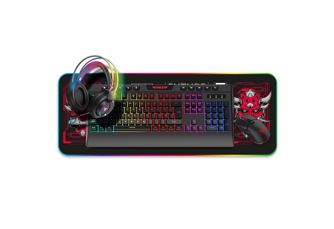 Hyrican Striker Gaming Set Tastatur, Maus, Headset, Mauspad, USB kabelgebunden Eingabegeräte-Set, ST-GKB8115, ST-GM005, ST-GH707, ST-MP25B, RGB-Beleuchtung, schwarz von Hyrican