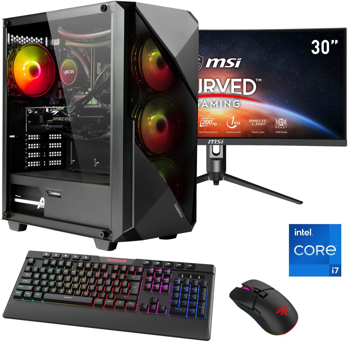 Hyrican Striker SET02394 Gaming-PC-Komplettsystem (30, Intel® Core i7 13700F, RTX 4060Ti (16GB), 16 GB RAM, 1000 GB SSD, DDR5, Windows 11, inklusive 30" Curved Monitor MSI Optix MAG301CR2)" von Hyrican