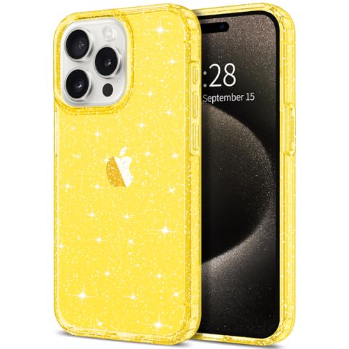Hython Schutzhülle für iPhone 15 Pro, Glitzer, niedlich, transparent, glitzernd, glitzernd, kratzfest, weiches TPU, dünn, schmale Passform, stoßfest, für Damen und Mädchen, gelber Glitzer von Hython
