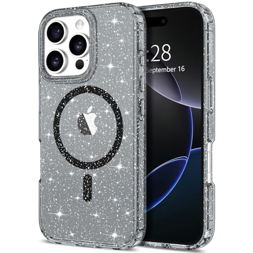 Hython Hülle für iPhone 16 Pro Hülle Glitzer, Klar Glitzer Sparkly Shiny Bling Sparkle Cute Cover Anti-Scratch Soft TPU Dünn Slim Fit Stoßfest Schutzhülle für Frauen Mädchen Magnetisch Schwarz von Hython