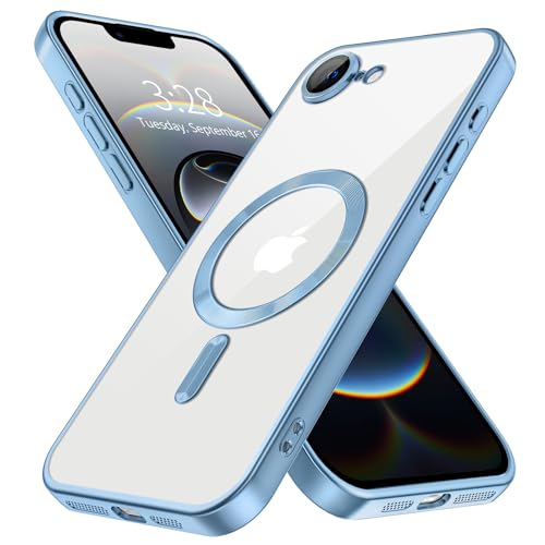Hython Magnetische transparente Schutzhülle für iPhone 16e mit Kameraobjektivschutz [kompatibel mit MagSafe] Luxus Plating Edge Slim Soft TPU Cover Schutzhülle für iPhone 16e 6,1 Zoll, mattes Hellblau von Hython