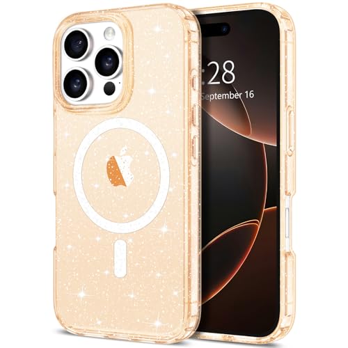 Hython Schutzhülle für iPhone 16 Pro Max, Glitzer, transparent, glitzernd, glänzend, niedlich, kratzfest, weiches TPU, schmale Passform, stoßfest, für Damen und Mädchen, magnetisch, Roségold von Hython
