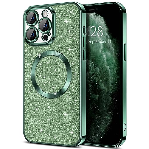 Hython für iPhone 11 Pro Hülle Glitzer, Klare Magnetische Handyhüllen mit Kameralinsenschutz [Kompatibel mit MagSafe] Bling Sparkle Plating Weiche TPU Stoßfeste Schutzhülle Frauen Mädchen, Grün von Hython