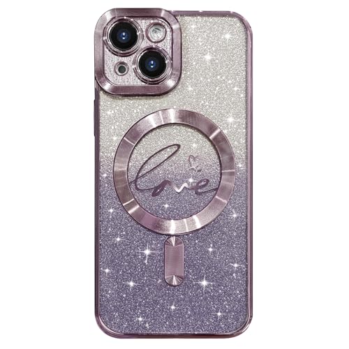 Hython für iPhone 14 Plus Hülle Glitzer, Klare Magnetische Handyhüllen mit Luxus Liebe Herz Muster [Kompatibel mit MagSafe] Bling Sparkle Plating Weiche TPU Stoßfeste Schutzhülle Frauen, Lila von Hython