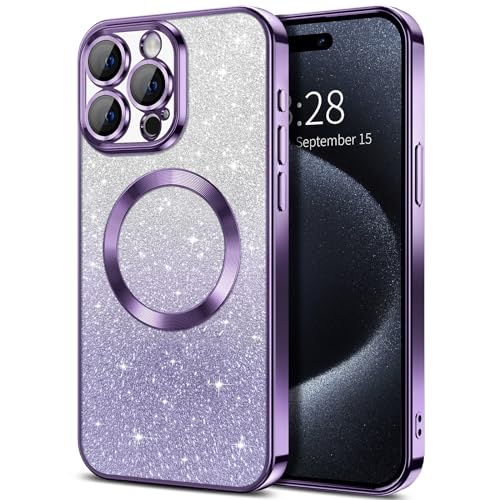 Hython für iPhone 15 Pro Max Hülle Klar Magnetische Glitzer Handyhüllen [Kompatibel mit MagSafe] Vollkamera-Objektivschutz Slim Gradient Sparkle Luxus Plating Stoßfeste Schutzhülle Frauen, Lila von Hython