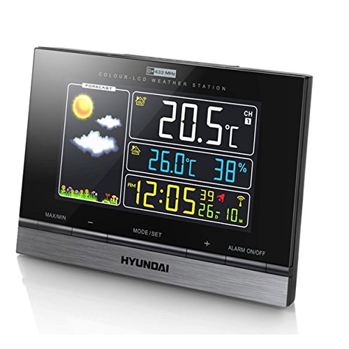 HYUNDAI Funk Wetterstation Funkuhr Hygrometer Thermometer Wettervorhersage Funkwecker Luftfeuchtigkeit LCD Farbdisplay Außensensor Mondphasenanzeige Digital (Wetterstation 2) von Hyundai