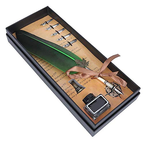 Schreibfeder Set, Schreibfeder Kalligraphie Feder Dip Pen mit 5 Ersatzspitzen in Geschenkbox(Grün) von Hztyyier