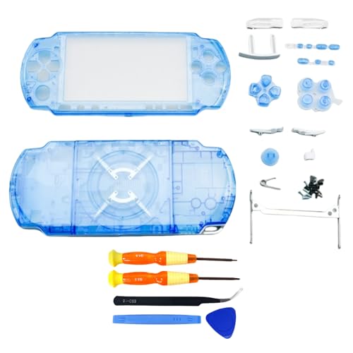 Hzxkqmil Ersatz-Gehäuse Vollschalen-Kit für Sony PSP 3000 PSP3000 Konsole, Vordere Hülle Rückabdeckung Faceplate mit Tasten Schrauben Set (Transparent Blau) von Hzxkqmil
