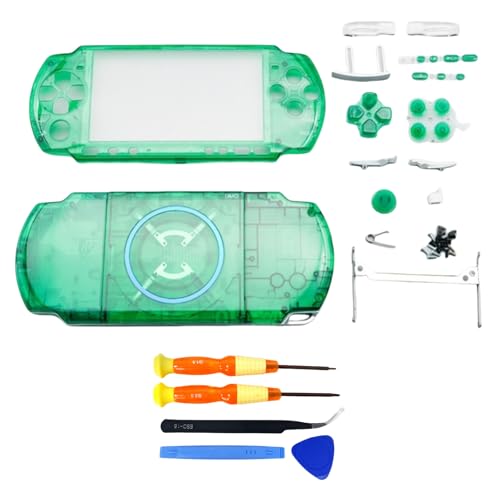 Hzxkqmil Ersatz-Gehäuse Vollschalen-Kit für Sony PSP 3000 PSP3000 Konsole, Vordere Hülle Rückabdeckung Faceplate mit Tasten Schrauben Set (Transparent Grün) von Hzxkqmil