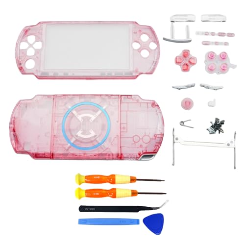 Hzxkqmil Ersatz-Gehäuse Vollschalen-Kit für Sony PSP 3000 PSP3000 Konsole, Vordere Hülle Rückabdeckung Faceplate mit Tasten Schrauben Set (Transparent Rosa) von Hzxkqmil