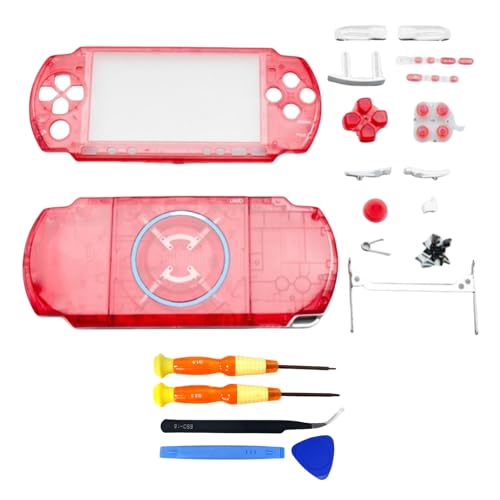 Hzxkqmil Ersatz-Gehäuse Vollschalen-Kit für Sony PSP 3000 PSP3000 Konsole, Vordere Hülle Rückabdeckung Faceplate mit Tasten Schrauben Set (Transparent Rot) von Hzxkqmil