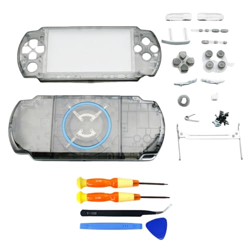 Hzxkqmil Ersatz-Gehäuse Vollschalen-Kit für Sony PSP 3000 PSP3000 Konsole, Vordere Hülle Rückabdeckung Faceplate mit Tasten Schrauben Set (Transparent Schwarz) von Hzxkqmil