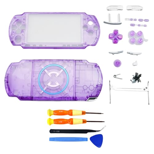 Hzxkqmil Ersatz-Gehäuse Vollschalen-Kit für Sony PSP 3000 PSP3000 Konsole, Vordere Hülle Rückabdeckung Faceplate mit Tasten Schrauben Set (Transparent Violett) von Hzxkqmil