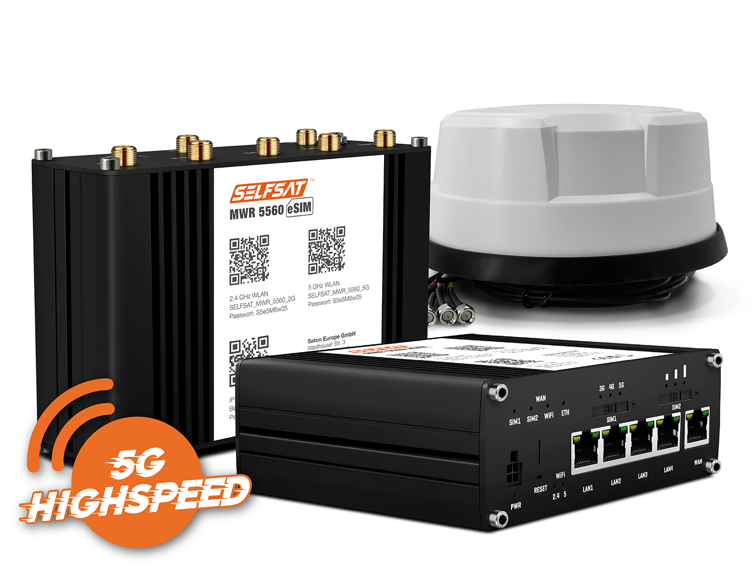 SELFSAT MWR 5560 eSIM 5G Cat 20 WLAN Router bis 3,4 Gbps inkl. Panorama Antenne weiß von I DO IT