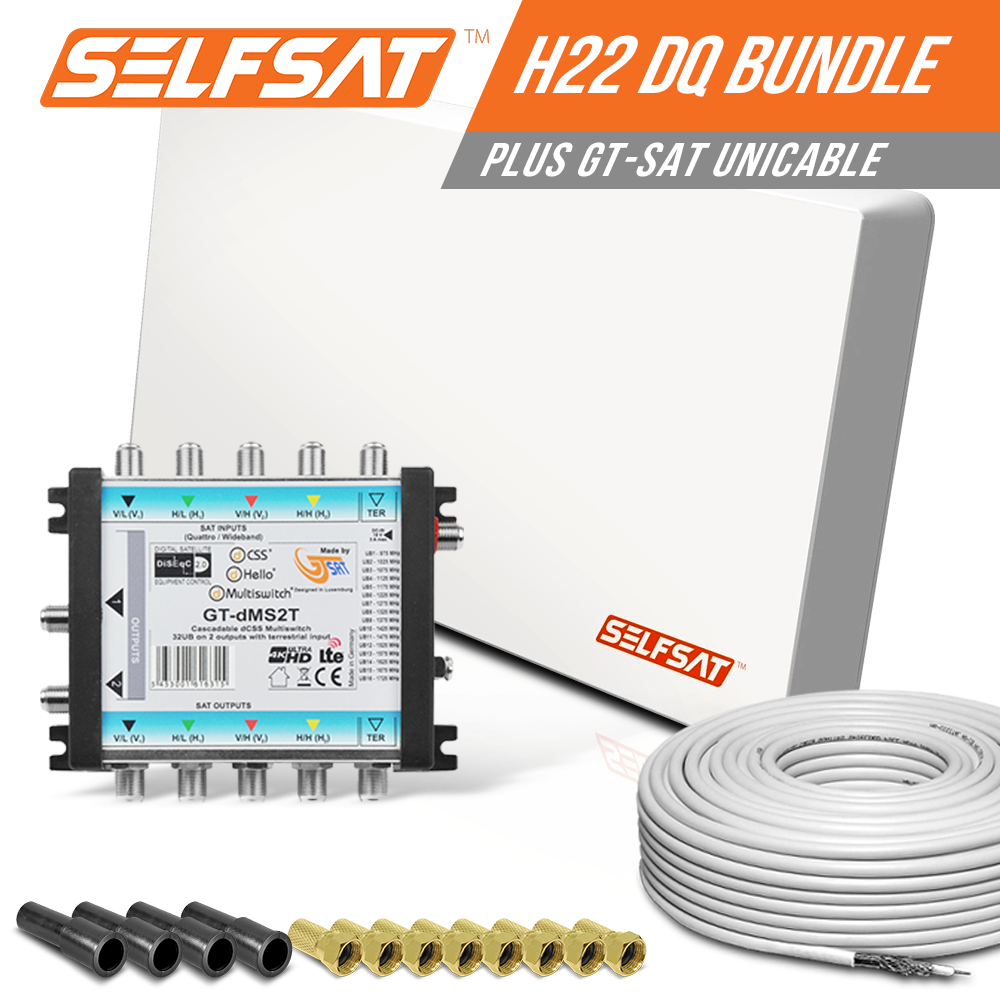 Selfsat H22DQ 32 TV Teilnehmer SAT Flachantenne FLAT + Unicable-Multiswitch + Koaxkabel FULL HD 4K Selfsat H22DQ 32 TV Teilnehmer SAT Flachantenne FLAT + Unicable-Multiswitch + Koaxkabel FULL HD 4K von I DO IT