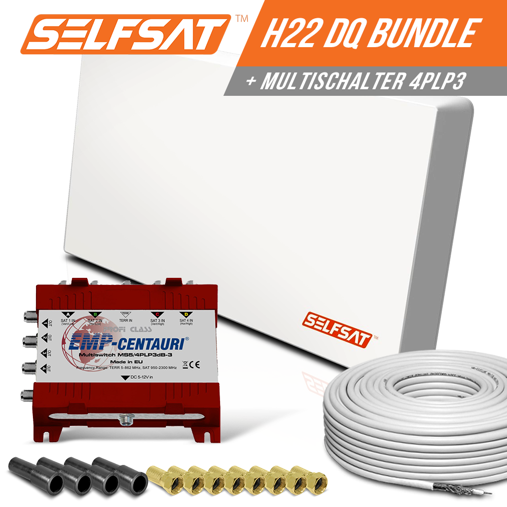 Selfsat H22DQ 4 TV Teilnehmer SAT Flachantenne FLAT + Multischalter 5/4 + Koaxkabel FULL HD 4K Selfsat H22DQ 4 TV Teilnehmer SAT Flachantenne FLAT + Multischalter 5/4 + Koaxkabel FULL HD 4K von I DO IT