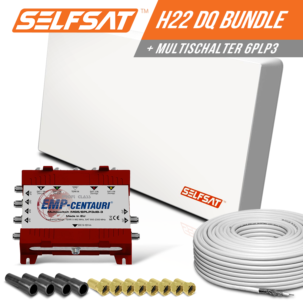 Selfsat H22DQ 6 TV Teilnehmer SAT Flachantenne FLAT + Multischalter 5/6 + Koaxkabel FULL HD 4K Selfsat H22DQ 6 TV Teilnehmer SAT Flachantenne FLAT + Multischalter 5/6 + Koaxkabel FULL HD 4K von I DO IT