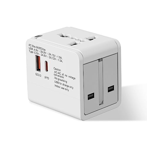 Reiseadapter Weltweit, Universal Reisestecker mit 1USB-A, 1USB -C und 1AC Steckdose,USB C PD 18W Schnellladung, Internationaler Steckdosenadapter für Deutschland USA England Australien（Weiß） von I-SHUNFA