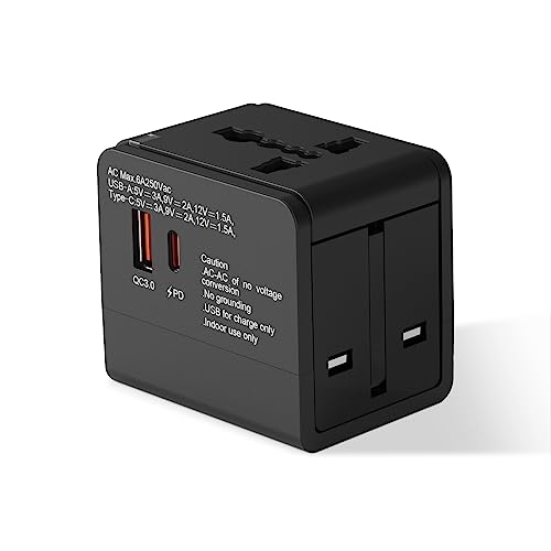 Reiseadapter Weltweit, Universal Reisestecker mit 1USB-A, 1USB -C und 1AC Steckdose,USB C PD 18W Schnellladung, Internationaler Steckdosenadapter für Deutschland USA England Australien （Schwarz） von I-SHUNFA