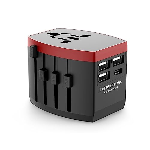 Reiseadapter Weltweit, Universal Reisestecker mit 3USB-A, 1USB -C und 1AC Steckdose travel Adapter, Internationaler Steckdosenadapter für Deutschland USA England Australien (Rot) von I-SHUNFA