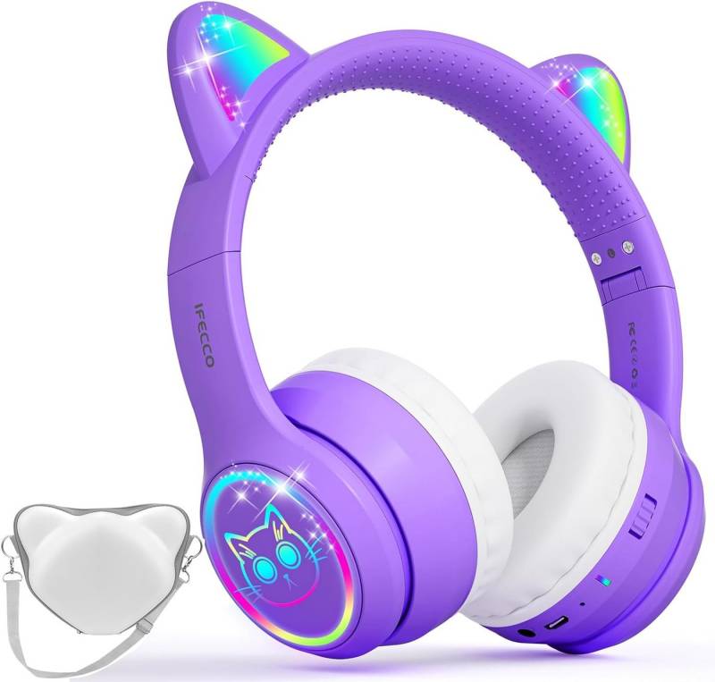 I love e iFecco Komfortabel faltbar mit Mikrofon mit Tasche,LED-Leuchten Katzenohr Kinder-Kopfhörer (Dank der Lautstärkebegrenzung auf 95 dBA schützen diese Kopfhörer das empfindliche Gehör der Kinder und bieten gleichzeitig Komfort durch weiche Memory-Schaumstoff-Ohrpolster., Bluetooth, Lange Akkulaufzeit und Tasche: Mit bis zu 30 Stunden Hörzeit können) von I love e iFecco