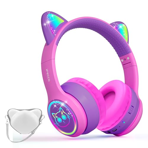 IFecco Kinder drahtlose Kopfhörer mit Mikrofon, Kinder Mädchen Bluetooth Kopfhörer mit Etui, LED Lichter Katze Ohr Kopfhörer für iPad/Kinder Tablet/Smartphone/Schule von I love e iFecco