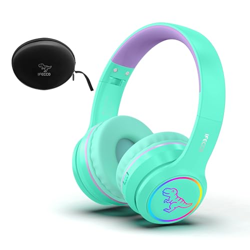 IFECCO Kinder Bluetooth Kopfhörer mit Mikrofon - Niedliches Dinosaurier Kinder Kabellos Kopfhörer mit LED-Leuchten,Kinderkopfhörer mit Tasche für Schule,Reisen von I love e iFecco