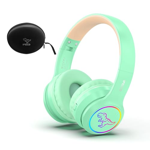 IFECCO Kinder Bluetooth Kopfhörer mit Mikrofon - Niedliches Dinosaurier Kinder Kabellos Kopfhörer mit LED-Leuchten,Kinderkopfhörer mit Tasche für Schule,Reisen von I love e iFecco