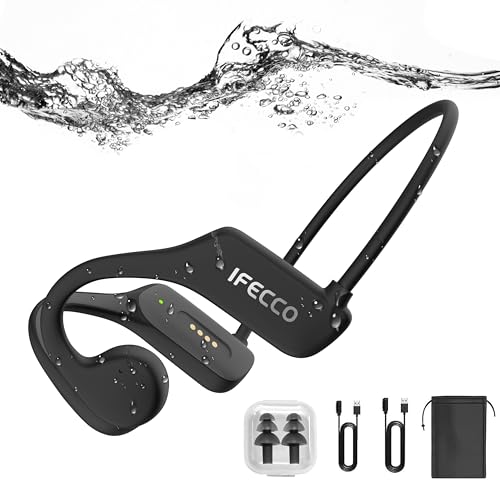 IFECCO Knochenschall Kopfhörer Schwimmen - IP68 wasserdichte Unterwasser Kopfhörer Schwimmen,Knochenschall Headset Bluetooth 5.3 mit 32G Mp3,Open Ear Kabelloses Sport Kopfhörer von I love e iFecco