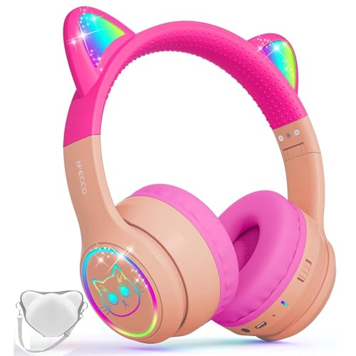 IFecco Kinder drahtlose Kopfhörer mit Mikrofon, Kinder Mädchen Bluetooth Kopfhörer mit Etui, LED Lichter Katze Ohr Kopfhörer für iPad/Kinder Tablet/Smartphone/Schule von I love e iFecco