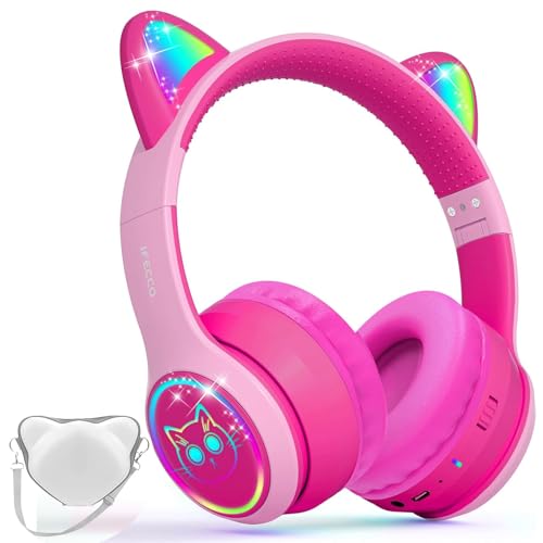 IFecco Kinder drahtlose Kopfhörer mit Mikrofon, Kinder Mädchen Bluetooth Kopfhörer mit Etui, LED Lichter Katze Ohr Kopfhörer für iPad/Kinder Tablet/Smartphone/Schule von I love e iFecco