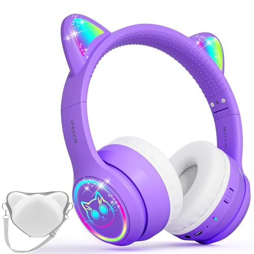 iFecco Bluetooth Kopfhörer Kinder mit Mikrofon,Kinder Kabellos Kopfhörer mit Tasche,LED-Leuchten Katzenohr Kopfhörer für Schule von I love e iFecco