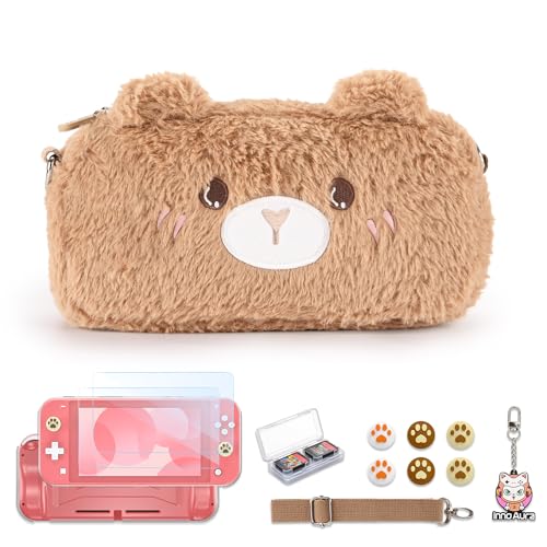 innoAura Switch Lite Tasche, 13 in 1 Switch Zubehör Bundle mit Niedlich Plüsch Switch Lite Tragetasche, Switch Lite Displayschutzfolie,Switch Game Case Aufbewahrung und Daumenkappen (Braun Bär) von IA innoAura