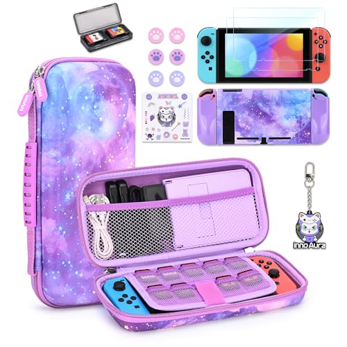innoAura Tragetasche für Switch, 14-in-1 NS Switch Zubehör Set mit Switch Tasche, Switch Schutzhülle, Switch Schutzfolie, Switch Spiele Aufbewahrung, Switch Joystick Kappen (Milchstraße Lila) von IA innoAura