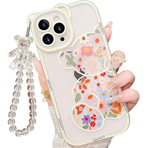 IAIYOXI Schutzhülle für iPhone 11 mit niedlichem Blumen-Bär-Muster, Kameraschutz, transparente Handyhülle und schöne Armbandkette, kompatibel mit iPhone 11 für Mädchen und Frauen (transparent) von IAIYOXI