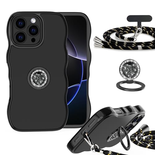 Hülle für Apple iPhone 16 Pro Max mit Band und Ring, Glänzende TPU Silikon Handyhülle mit Wellen Lockiger Form, Ästhetisches Design mit Ständer Handykette zum Umhängen, Schwarz Hülle für Apple iPhone 16 Pro Max mit Band und Ring, Glänzende TPU Silikon Handyhülle mit Wellen Lockiger Form, Ästhetisches Design mit Ständer Handykette zum Umhängen, Schwarz von IBETEK