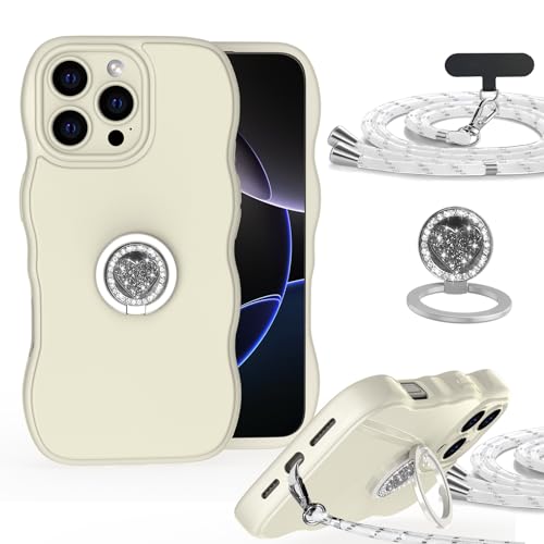 Hülle für Apple iPhone 16 Pro Max mit Band und Ring, Glänzende TPU Silikon Handyhülle mit Wellen Lockiger Form, Ästhetisches Design mit Ständer Handykette zum Umhängen, Weiß Hülle für Apple iPhone 16 Pro Max mit Band und Ring, Glänzende TPU Silikon Handyhülle mit Wellen Lockiger Form, Ästhetisches Design mit Ständer Handykette zum Umhängen, Weiß von IBETEK