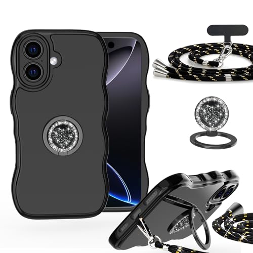 Hülle für Apple iPhone 16 mit Band und Ring, Glänzende TPU Silikon Handyhülle mit Wellen Lockiger Form, Ästhetisches Design mit Ständer Handykette zum Umhängen, Schwarz Hülle für Apple iPhone 16 mit Band und Ring, Glänzende TPU Silikon Handyhülle mit Wellen Lockiger Form, Ästhetisches Design mit Ständer Handykette zum Umhängen, Schwarz von IBETEK