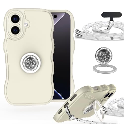 Hülle für Apple iPhone 16 mit Band und Ring, Glänzende TPU Silikon Handyhülle mit Wellen Lockiger Form, Ästhetisches Design mit Ständer Handykette zum Umhängen, Weiß Hülle für Apple iPhone 16 mit Band und Ring, Glänzende TPU Silikon Handyhülle mit Wellen Lockiger Form, Ästhetisches Design mit Ständer Handykette zum Umhängen, Weiß von IBETEK