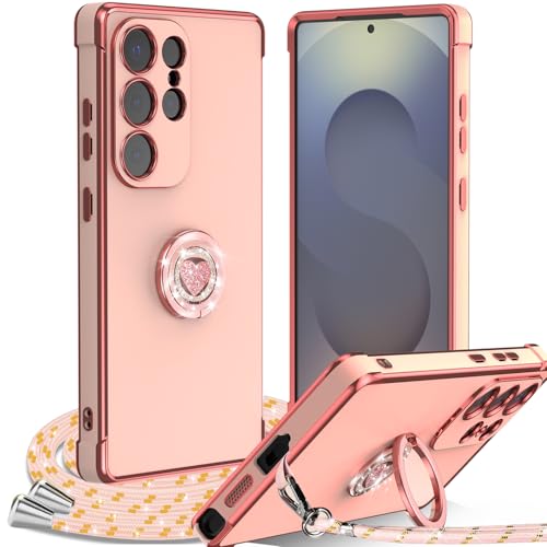 Hülle für Samsung Galaxy S25 Ultra 5G mit Band, Handykette Herz Ring Ständer HandyHülle mit Kordel für Frauen Mädchen Stoßfeste Anti-Kratzt SchutzHülle mit Schnur für Galaxy S25 Ultra 5G Case, Rosa Hülle für Samsung Galaxy S25 Ultra 5G mit Band, Handykette Herz Ring Ständer HandyHülle mit Kordel für Frauen Mädchen Stoßfeste Anti-Kratzt SchutzHülle mit Schnur für Galaxy S25 Ultra 5G Case, Rosa von IBETEK