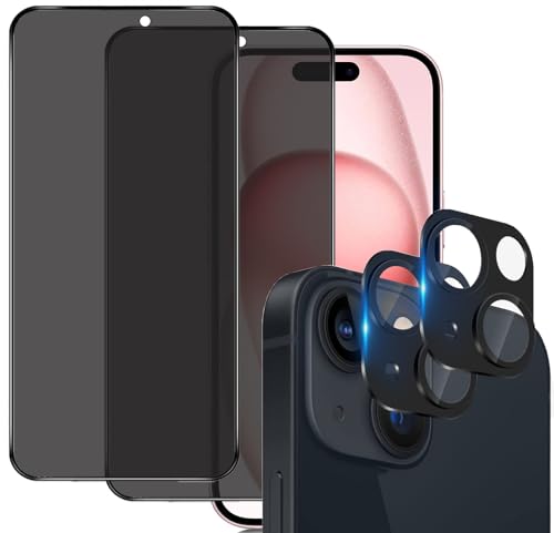 IBETEK 2 Stück Schutzfolie für iPhone 15 Sichtschutz Panzerglasfolie Anti-Spy mit 2 Stück Kamera Schutzfolie,Dunkel Folie Blickschutzfolie Displayschutzfolie von IBETEK