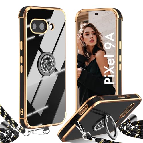 IBETEK Hülle für Google Pixel 9A mit Band, Handykette Herz Ring Ständer HandyHülle mit Kordel für Frauen Mädchen Stoßfeste Anti-Kratzt SchutzHülle mit Schnur für Google Pixel 9A Case, Schwarz von IBETEK