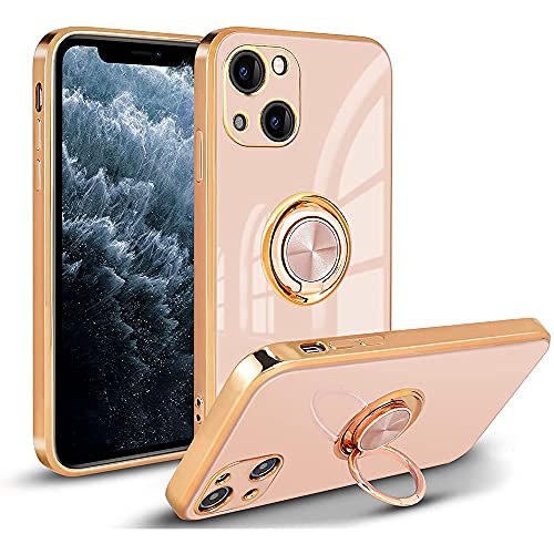 Handyhülle für iPhone 13 Mini,Überzug Glänzende TPU-Schutzhülle Mit Ringständer, Roségoldene Kante Stoßfester Kantenstoß, Schlanke, Weiche TPU-Hülle-Aprikose von IBEX