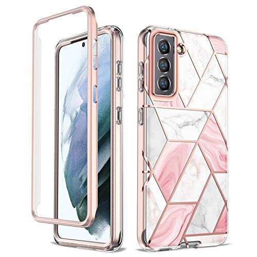 Hülle Für Samsung Galaxy S21,360 Grad Stoßfest Schutzhülle Robuster, TPU Ganzkörper Robust Bumper Case，Einzigartiges Design Stilvolles Marmor-Phantommuster (Roségold Marmormuster) von IBEX