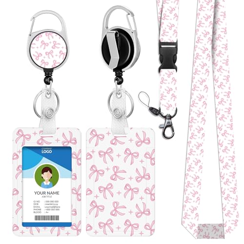 IBOVODI Ausweishalter mit niedlichem rosa Schleifen, mit einziehbarem Rollenclip, modisches Umhängeband für Ausweise, verstellbares Umhängeband für Damen, Mädchen, Lehrer, Studenten, Arzt IBOVODI Ausweishalter mit niedlichem rosa Schleifen, mit einziehbarem Rollenclip, modisches Umhängeband für Ausweise, verstellbares Umhängeband für Damen, Mädchen, Lehrer, Studenten, Arzt von IBOVODI